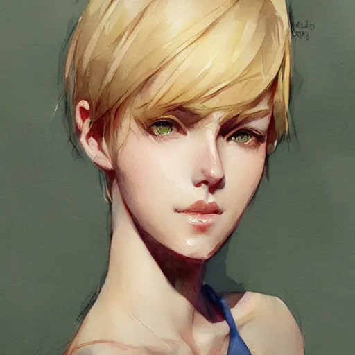 Prompt: short blonde haired girl, green eyes, artstation, watercolor, highly detailed, portrait, by krenz cushart