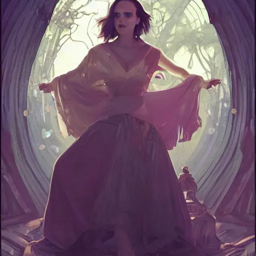 Prompt: Natalie Portman as a Bard, looking at camera, D&D, choker on neck, stylish green dress, intricate, elegant, stylish, serious expression, extremely detailed, digital painting, artstation, concept art, smooth, sharp focus, illustration, stunning lighting, art by artgerm and greg rutkowski and alphonse mucha and simon stalenhag