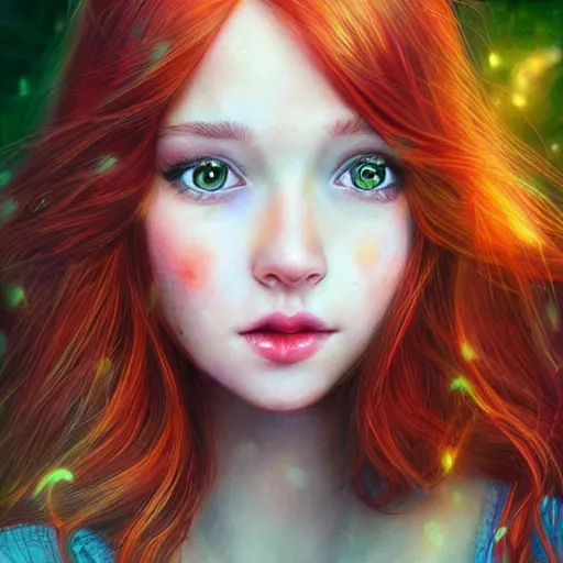 Image similar to portrait of a red haired girl loving to be among among fireflies, with long hair, green eyes, round beautiful face, a soft smile, hint of freckles, wonderful lights, highly detailed, hyper realistic colorful art by artgerm