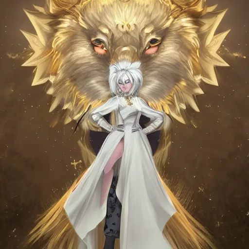 Prompt: commissioned full body portrait of a female anthro wolf princess fursona with white hair wearing a white and gold dress in a white and gold palace, by Wlop and jerry park, artstation, detailed