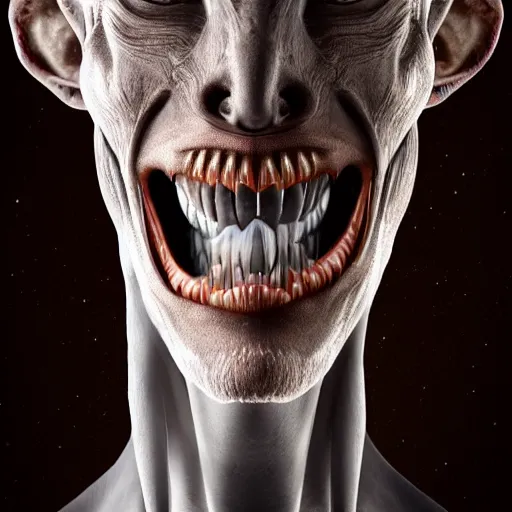 Prompt: an alien. angled jaw, growling, omniverous layered teeth, sunken nose, smooth bioluminescent skin, emaciated, mid length portrait photograph, highly detailed, high contrast lighting