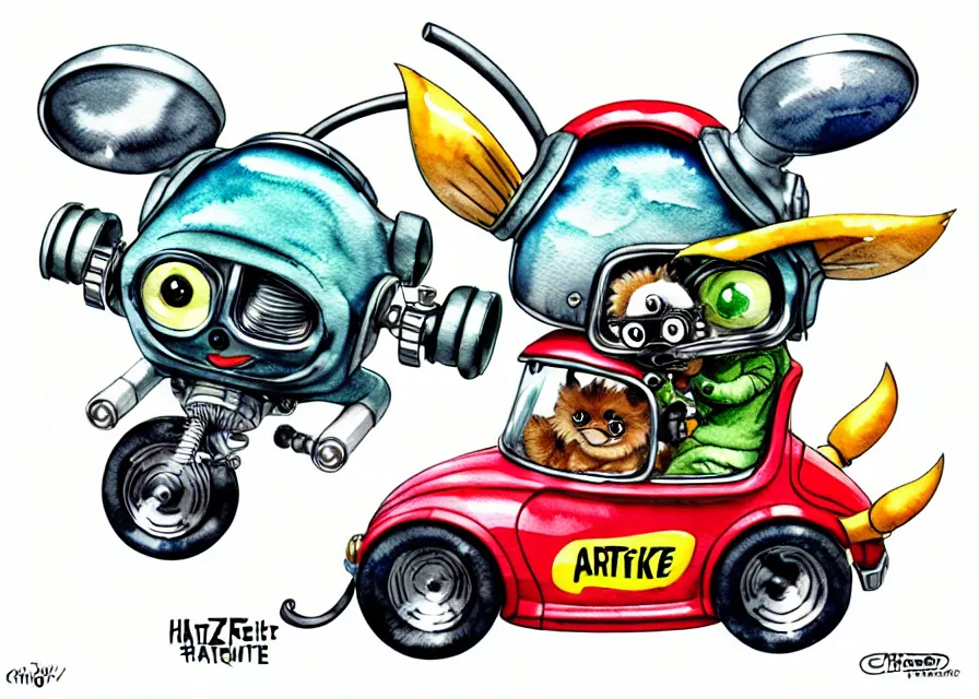 Image similar to cute and funny, gizmo wearing a helmet riding in a hot rod with oversized engine, ratfink style by ed roth, centered award winning watercolor pen illustration, isometric illustration by chihiro iwasaki, edited by range murata, tiny details by artgerm and watercolor girl, symmetrically isometrically centered