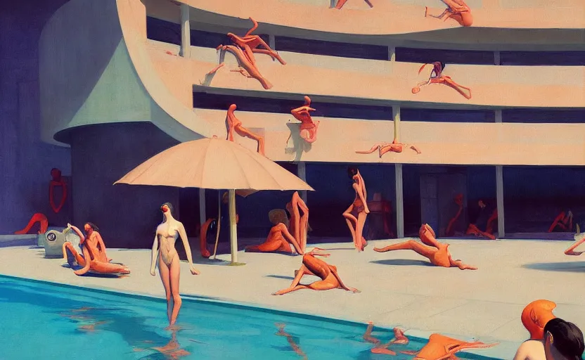 Prompt: Inside a big pool and ladies in bikini, very coherent, painted by Edward Hopper, Wayne Barlowe, painted by James Gilleard, airbrush, art by JamesJean