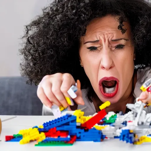 Image similar to Angry woman destroying a lego set