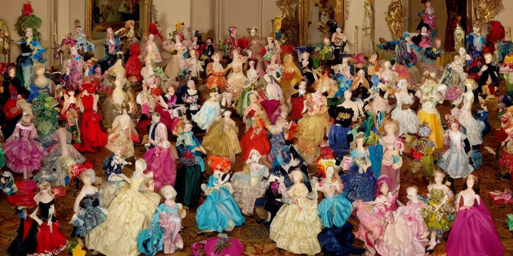 Prompt: !dream Women in baroque dresses, standing in the middle of the room full of toys. Keith Giffen