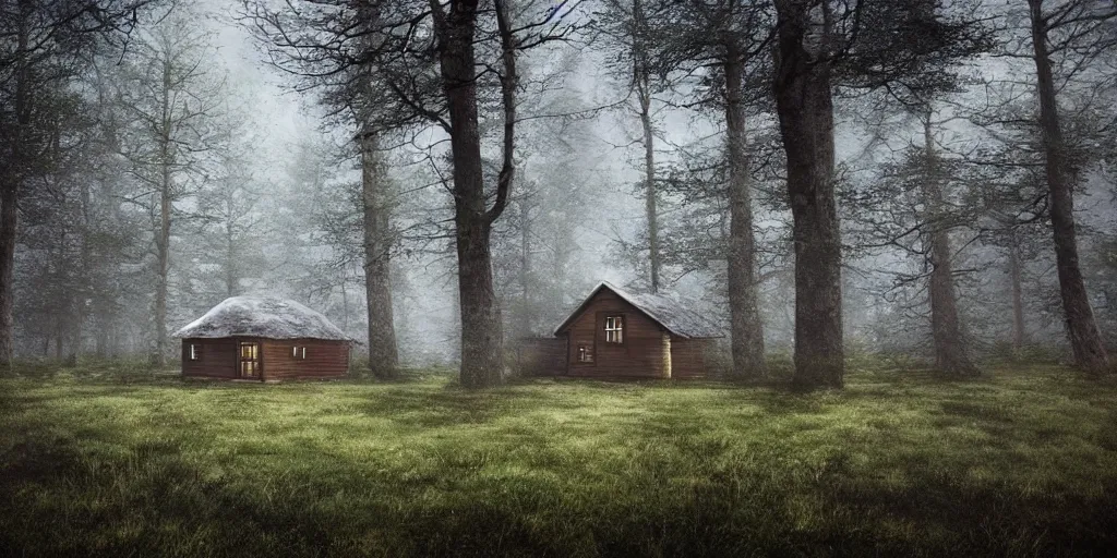 Image similar to lone cottage in the woods and empty woods, 8k, fantasy, hyper realistic, atmospheric, cinematic