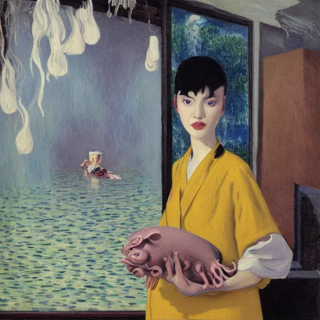 Image similar to tall emo female artist holding a pig's trotter in her flooded kitchen, pomegranates, octopus, water gushing from ceiling, painting of flood waters inside an artist's apartment, a river flooding indoors, ikebana, zen, rapids, waterfall, black swans, canoe, berries, acrylic on canvas, surrealist, by magritte and monet