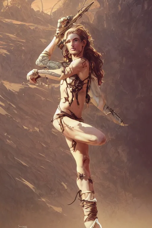 Image similar to a full body portrait of a beautiful post apocalyptic offworld desert savage rogue in ballet pose by the emerald oasis pools, intricate, elegant, highly detailed, digital painting, artstation, concept art, smooth, sharp focus, illustration, art by krenz cushart and artem demura and alphonse mucha