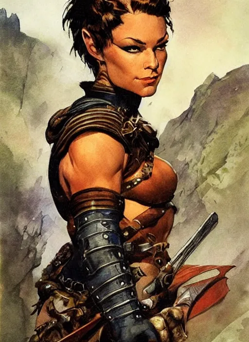 Image similar to portrait of strong female ranger, beautiful! coherent! dungeons and dragons character, by frank frazetta, by brom, strong line, deep color, leather armor, short buzzed hair, high contrast