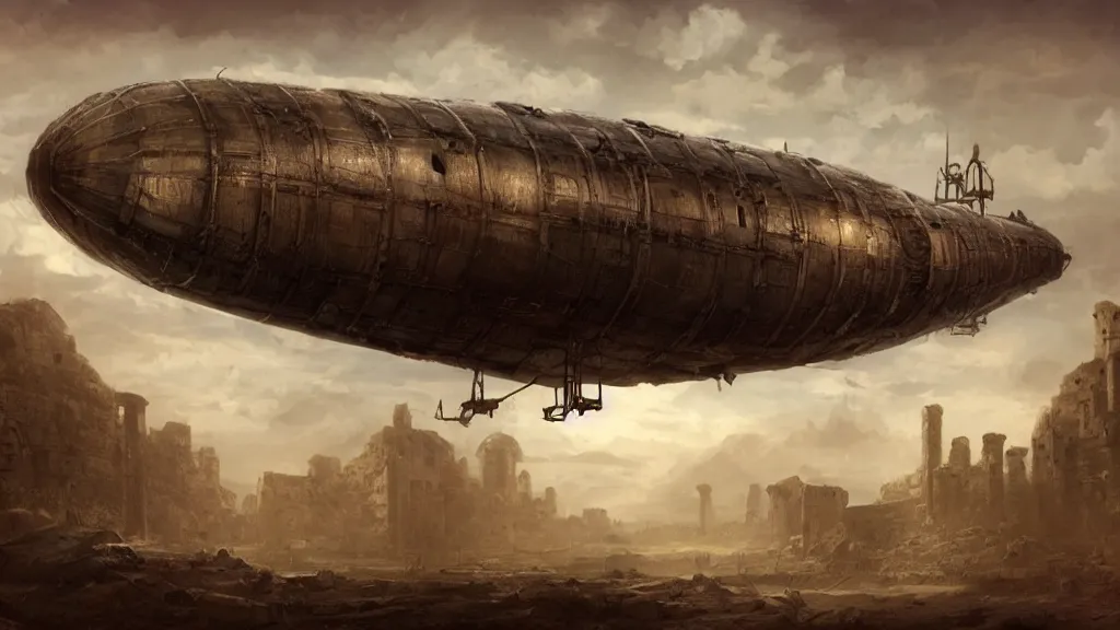 Prompt: An ancient derelict airship resting on the ruins of a fortress in the clouds, steampunk, cinematic concept art, trending on artstation, detailed matte painting