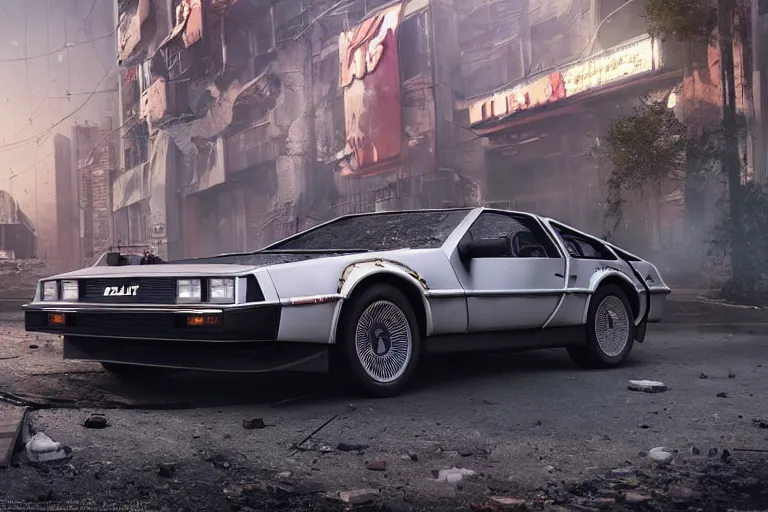 Image similar to highly detailed photorealistic rendering of the delorean from back to the future parked on the streets of a cyberpunk abandoned city, futuristic post - apocalyptic vibe, by greg rutkowski and stanley artgerm and alphonse mucha, octane, sharp focus, hyperrealistic, unreal engine 5, vray, masterpiece