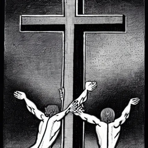Prompt: an actor crucifies god and satan on an electric cross