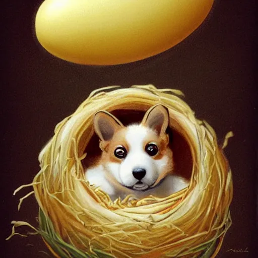 Prompt: concept art of a baby corgi emerging from an egg in a nest, art by anne geddes