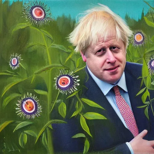 Prompt: Boris Johnson in a meadow painting a passion flower