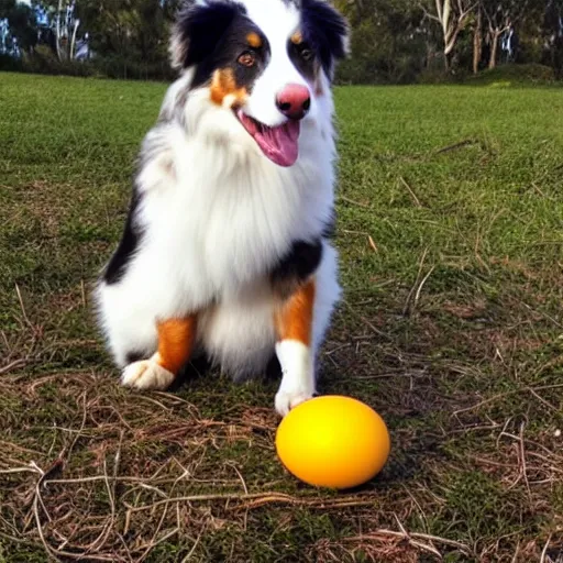 Image similar to photo of an Australian Shepherd balancing an egg on their head, award winning photography