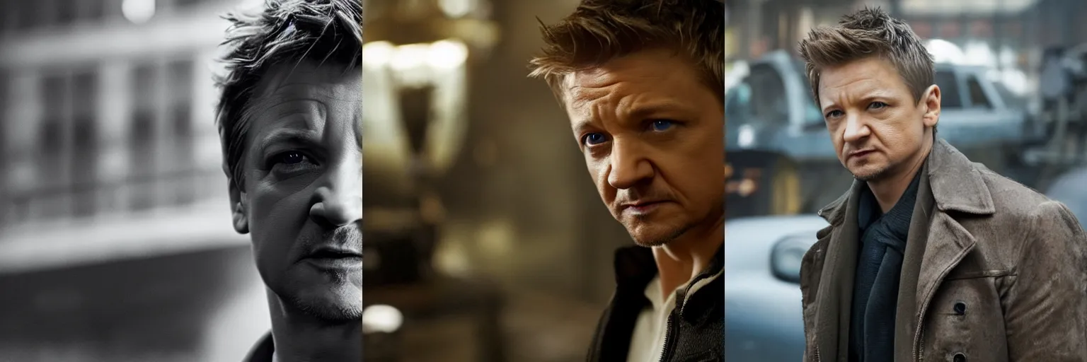 Prompt: close-up of Jeremy Renner as a detective in a movie directed by Christopher Nolan, movie still frame, promotional image, imax 70 mm footage