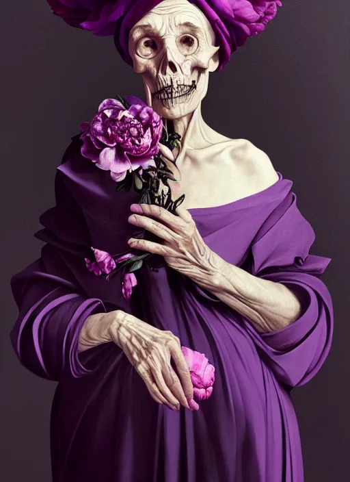 Image similar to portrait of a old year woman with a headscarf a dress of bones and many peonies snake smoke, purple colour scheme, full length, masterpiece, dark background, art by caravaggio, artstation