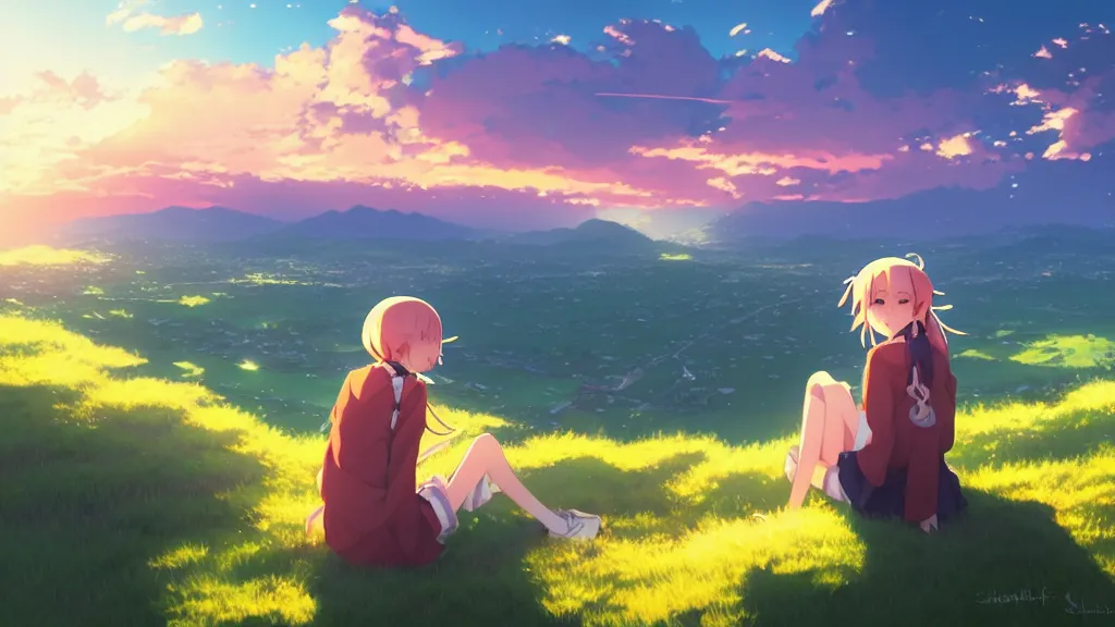 Prompt: a schoolgirl girl sat on the hillside and looked sky, dusk sky, beautiful sunset glow, large clouds, rich vivid colors, ambient lighting, dynamic lighting, official media, anime key visual, detailed, artwork by makoto shinkai, rossdraws.