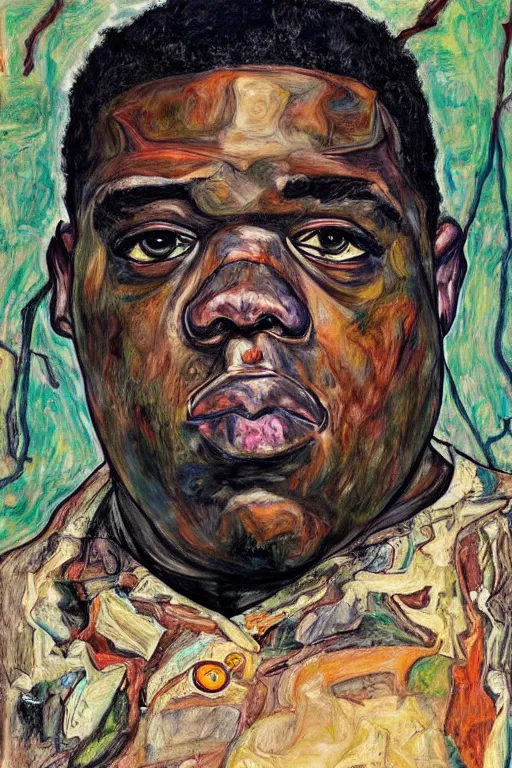 Image similar to a portrait of biggie smalls in style of egon schiele and herakut, masterpiece, hyperdetailed, complex, intricate, veiled, 4 k, 8 k, dynamic!!, trending on artstation