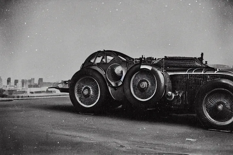 Image similar to cyberpunk 1 9 2 6 bugatti type 3 5 by paul lehr, metropolis, view over city, vintage film photo, damaged photo, scratched photo, scanned in, old photobook, silent movie, black and white photo