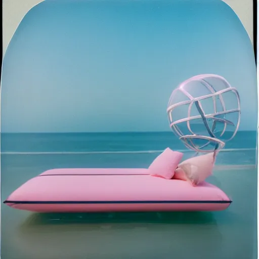 Image similar to a pastel colour high fidelity wide angle Polaroid art photo from a holiday album at a seaside with abstract inflatable parachute furniture, spheres and a sculpture, all objects made of transparent iridescent Perspex and metallic silver, a grid of sun beds iridescence, nostalgic