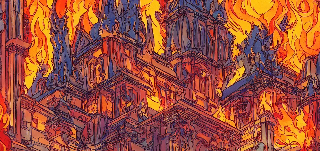 Prompt: Temple wearing flame fire smoke, art nouveau, wide angle shallow depth of field, in the graphic style of Patrick Gleason, detailed art, trending on Artstation, sharp focus, comic art