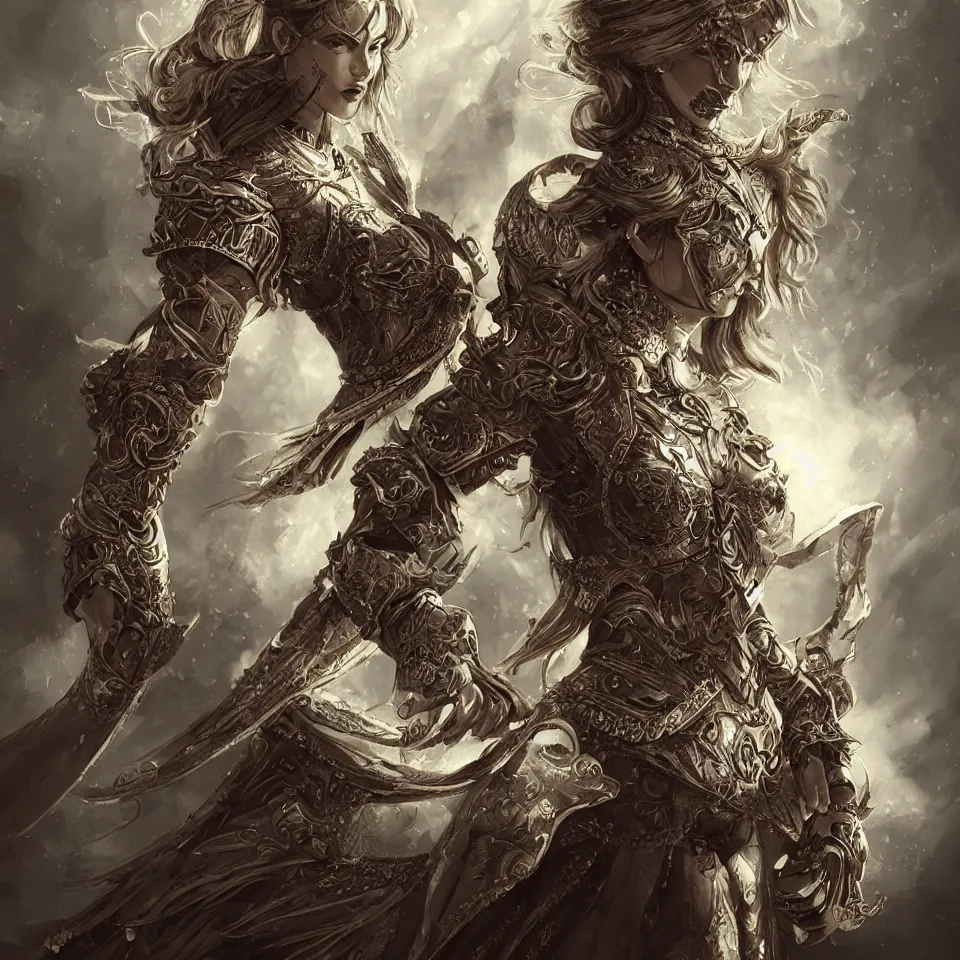 Prompt: Female warrior, passion, bravery, intricate armour costumes, light and shadow effects, intricate, highly detailed, digital painting, art station, concept art, smooth, sharp focus, illustration