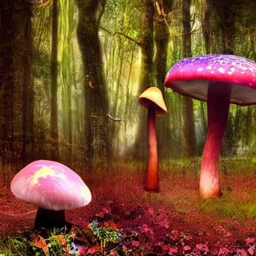 Prompt: psychedelic forest with large mushrooms, mystical, realism, photo, shaman n - 9