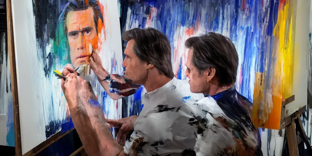 Image similar to actor jim carrey, stands at a his easel, painting donald trump, soft focus, long exposure