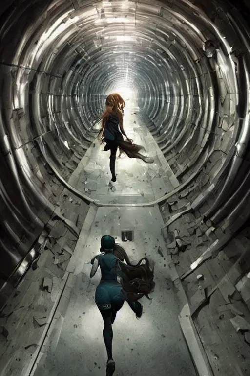 Prompt: cute girl running in hadron collider tunnel, by greg rutkowski and raymond swanland, sharp focus, trending on artstation, cinematic lighting