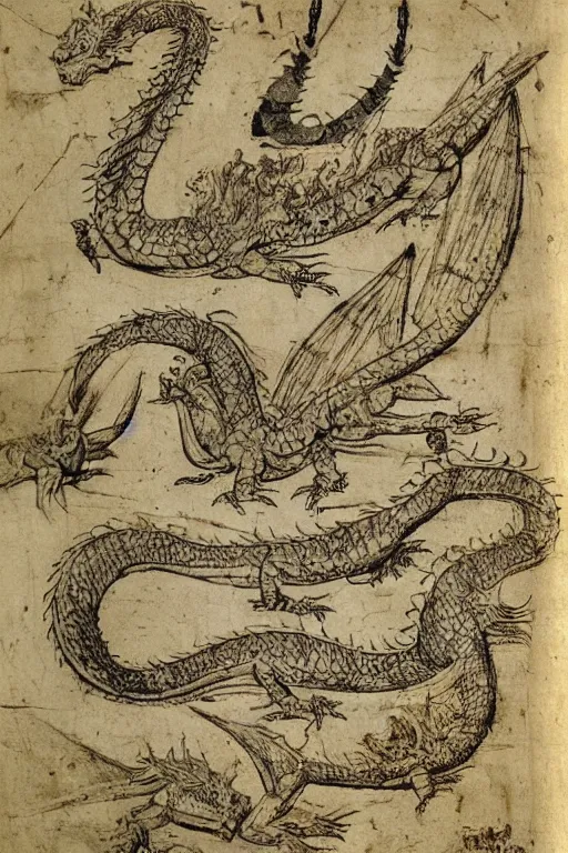 Image similar to manuscript page with diagrams of dragons by leonardo da vinci, sketches, scientific studies, anatomy studies, academic art, intricate