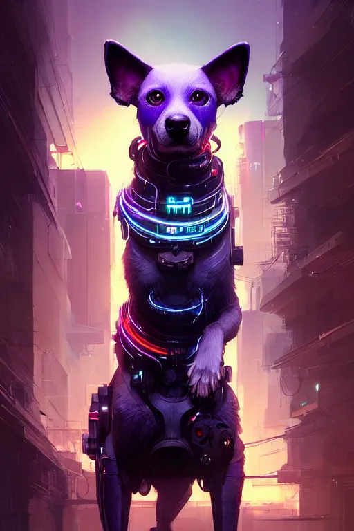 Image similar to a beautiful portrait of a cute cyberpunk dog by greg rutkowski and wlop, purple blue color scheme, high key lighting, volumetric light, digital art, highly detailed, fine detail, intricate, ornate, complex, octane render, unreal engine, photorealistic