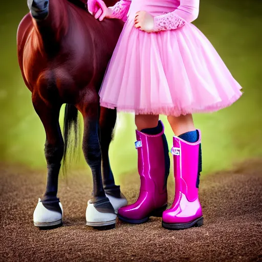 Image similar to young girl with rider boots, next to her is a pink pony, photo taken by nikon, sharp focus, highly detailed, studio lightning, 4 k