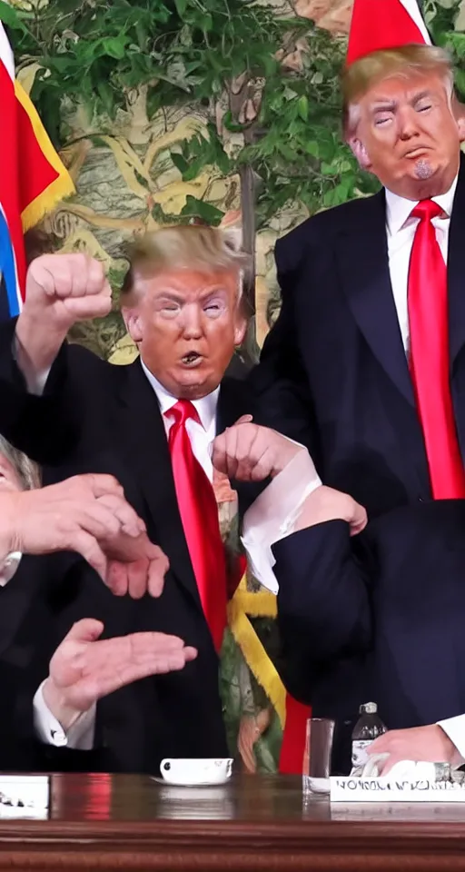 Prompt: blurry cell phone recording of donald trump punching kim jong un in the face