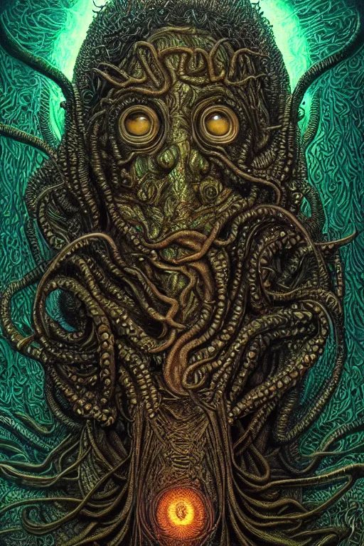 Image similar to highly detailed portrait of cthulu by alex grey, patrick woodroffe, mark ryden created by gustave dore and greg rutkowski, high detailed, smooth draw, synthwave neon retro, intricate, realistic proportions, dramatic lighting, trending on artstation