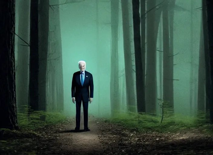 Image similar to joe biden as slenderman in forest, creepy joe biden, tall trees, night, creepy, horror, movie still, dark, haunted, cinematic lighting, ray tracing, octane render, long lens, shallow depth of field, bokeh, anamorphic lens flare, 8 k, hyper detailed, 3 5 mm film grain