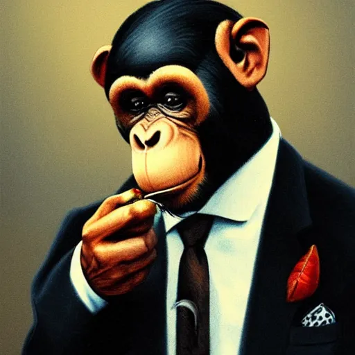 Image similar to a high detail photo of an antropomorphic chimp wearing a suit smoking a cigarrette, subject= chimp, subject detail: wearing a suit, subject action: smoking a cigarrette photorealism