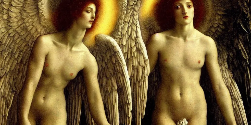 Image similar to a detailed painting of a beautiful archangel, beautiful face and body, halo of sacred light, magical mood, muted tones, by fernand khnopff, jean delville, caravaggio, epic composition, exquisite details, dark mood,