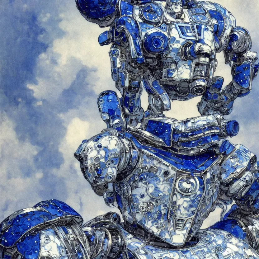 Image similar to a close - up portrait of an ornate blue and white porcelain mecha made out of white vitrified translucent ceramic ; china. reflective detailed textures. gloomy black background. highly detailed fantasy science fiction painting by moebius, norman rockwell, frank frazetta, and syd mead. rich colors, high contrast. artstation