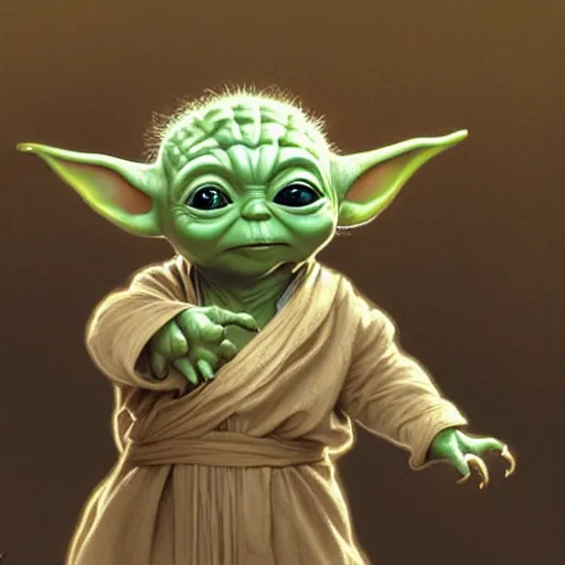 Image similar to baby yoda as frodo, intricate, elegant, highly detailed, digital painting, artstation, concept art, smooth, sharp focus, illustration, art by artgerm and greg rutkowski and alphonse mucha and william - adolphe bouguereau