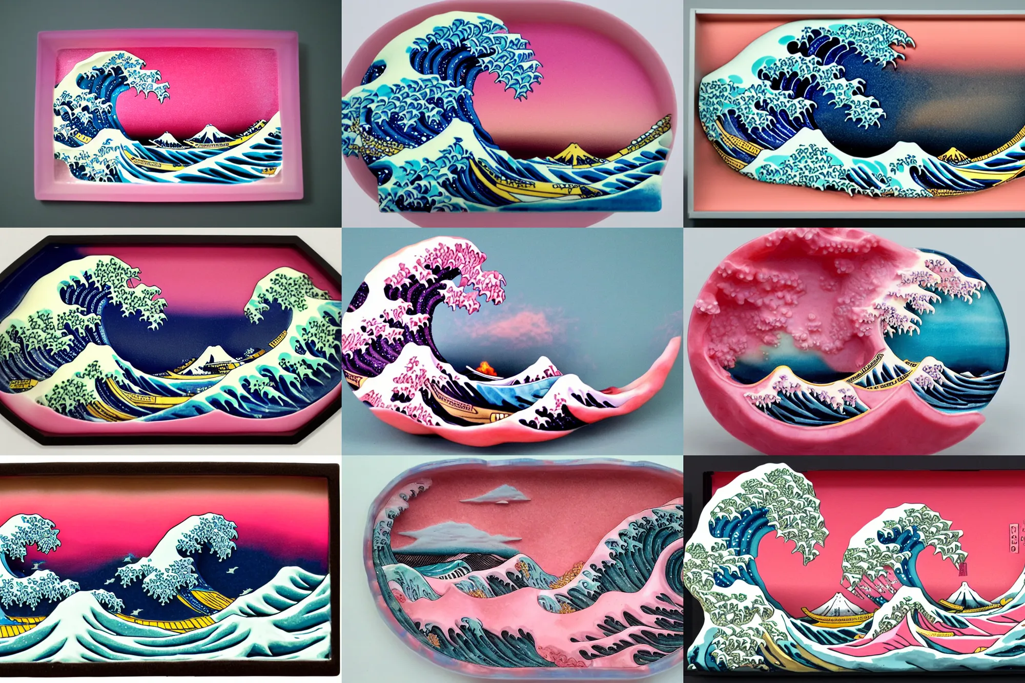 Prompt: carved diorama of the great wave of kanagawa with pink lava and fire, made out of transparent porcelain with celadon glaze