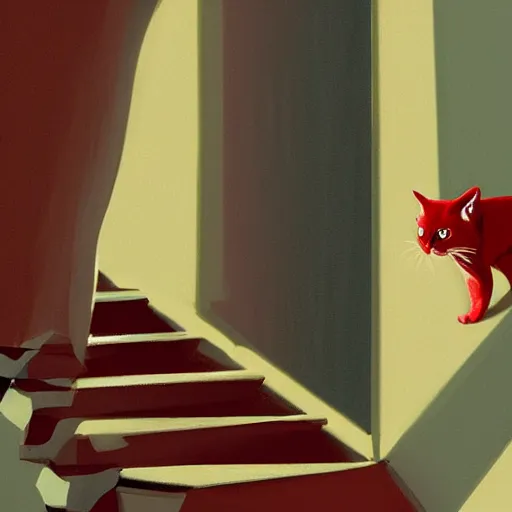 Prompt: red cat walking down the stairs, wide shot, smooth, cosy atmosphere, trending on deviantart, outdoor, daytime, long shadow, warm colors, artstation, concept art, sharp focus, illustration, masterpiece, gibli style