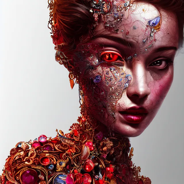 Prompt: an absurdly beautiful, elegant, young hypercolorful woman made of rubies and red gems, ultrafine hyperrealistic detailed face illustration by kim jung gi, irakli nadar, intricate linework, sharp focus, bright colors, matte, octopath traveler, final fantasy, unreal engine highly rendered, global illumination, radiant light, intricate environment