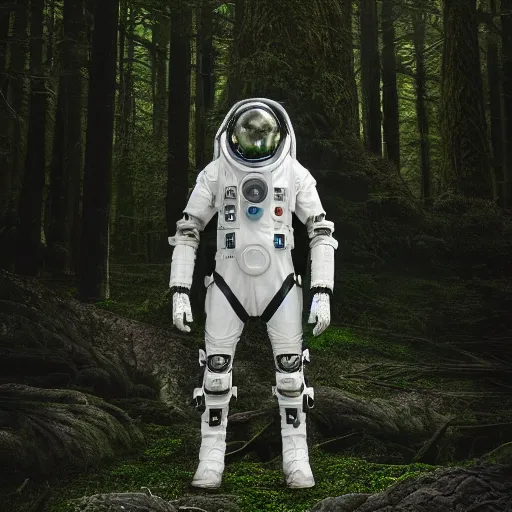 Image similar to portrait photography of a white diesel punk futuristic space suit armor, in an alien forest planet, ultra detail, high detail, 8 k, octane render, in the style of jim burns and gregrutkowski