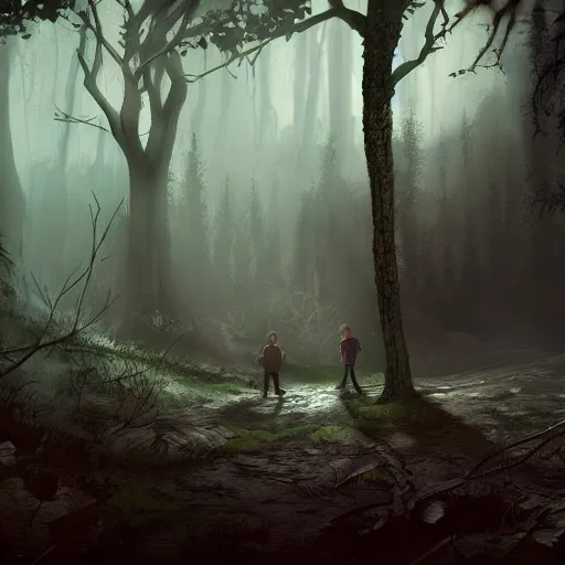 Prompt: a lost boy in the woods, horror, eldritch, unreal engine, dramatic lighting, digital art, mist, digital illustration, detailed environment, fantasy