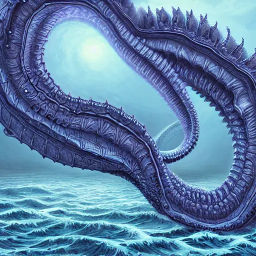 Prompt: a fractal leviathan rising from the sea over a small costal town, 8 k, detailed, unreal, eldritch, horror, ocean, kraken, viking, lovecraft, painting