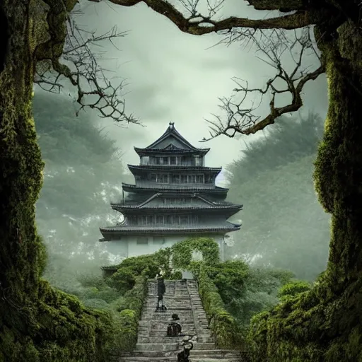 Prompt: ninja approaching japanese castle in haunted forest with vines hanging from tree brances, creepy ambiance, desaturated, by artgerm, sharp focus, highly detailed, cinematic