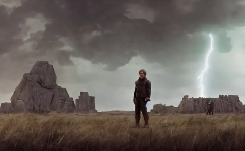 Image similar to screenshot portrait of Luke Skywalker in a windy lightning battlefield with scattered ruins of a fiery jedi rock temple, surrounded by giant AT-AT walkers, with young jedi army behind him, iconic scene from 1970s film by Stanley Kubrick, last jedi, 4k HD, cinematic lighting, beautiful portrait of Mark Hammill, moody scene, stunning cinematography, anamorphic lenses, kodak color film stock