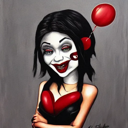 Image similar to grunge cartoon painting of kylie jenner with a wide smile and a red balloon by chris leib, loony toons style, pennywise style, corpse bride style, horror theme, detailed, elegant, intricate