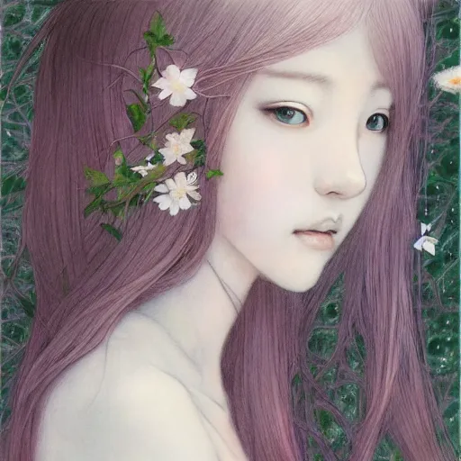 Image similar to princess Portrait by Miho Hirano, manga, realistic, detailed, white, light pink tonalities, beautiful collage technique including flora, sea, wind, ornate sea background, beautiful Fantasy detailed trending on artstation, oil painting,Dramatic lighting, eterea , high quality print, fine art with subtle redshift rendering